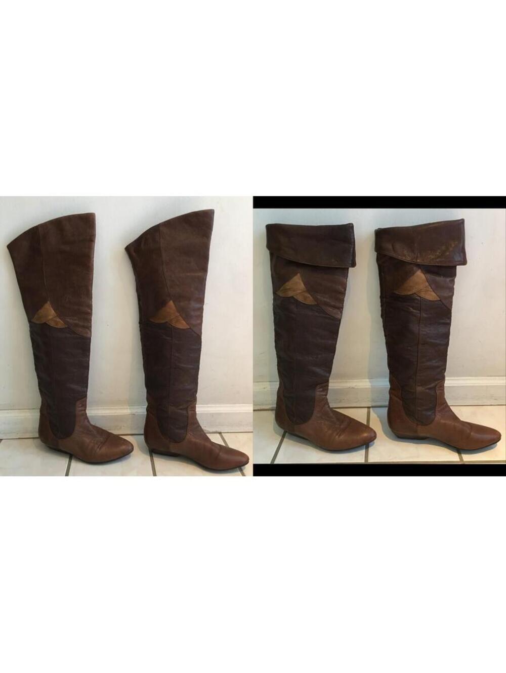 LUCKY BRAND vtg 80s-Style Brown Over The Knee Patchwork Leather Boots sz 7/7.5
